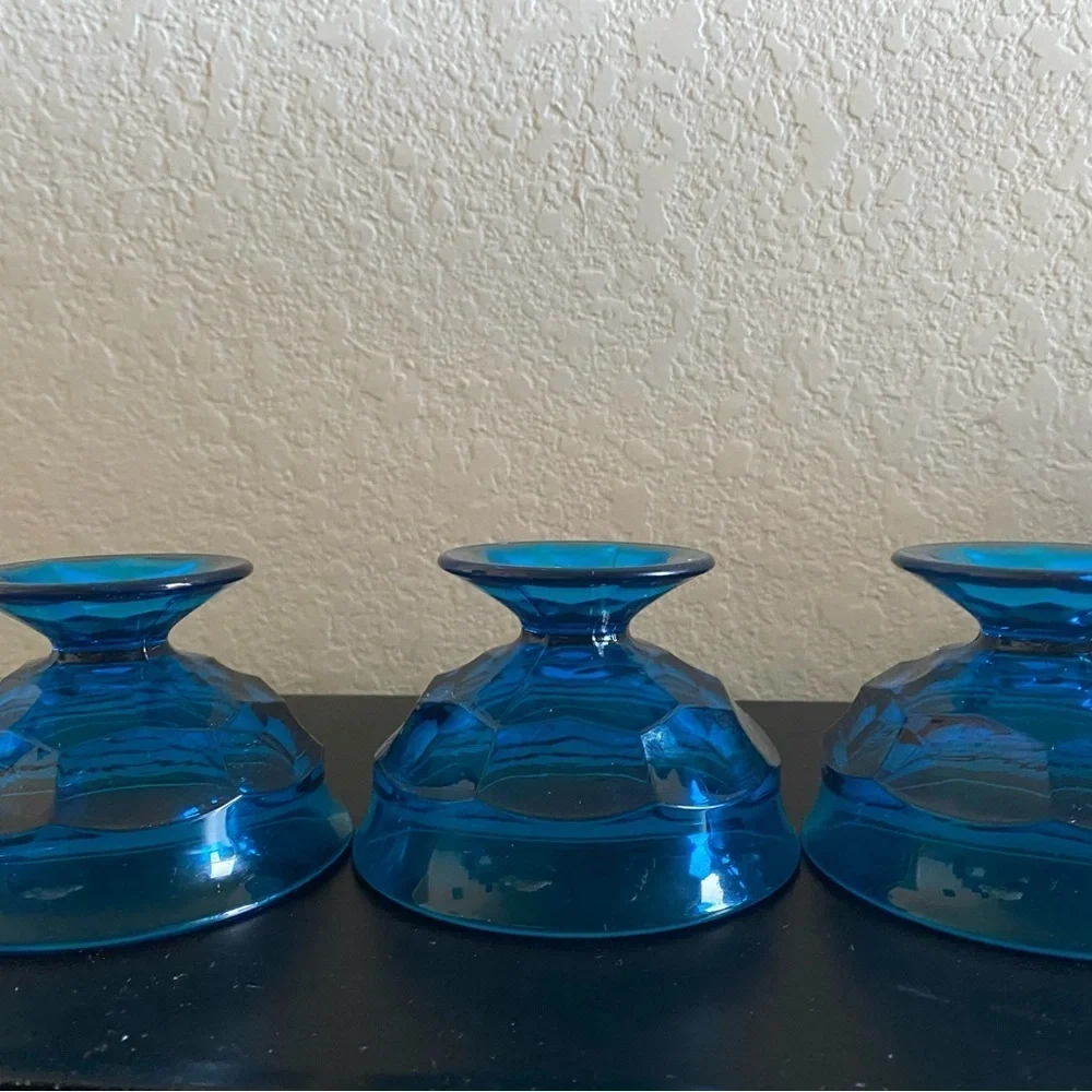 3 Viking Glass Bluenique Georgian Thumbprint Footed Blue Glass Dessert MCM Bowls